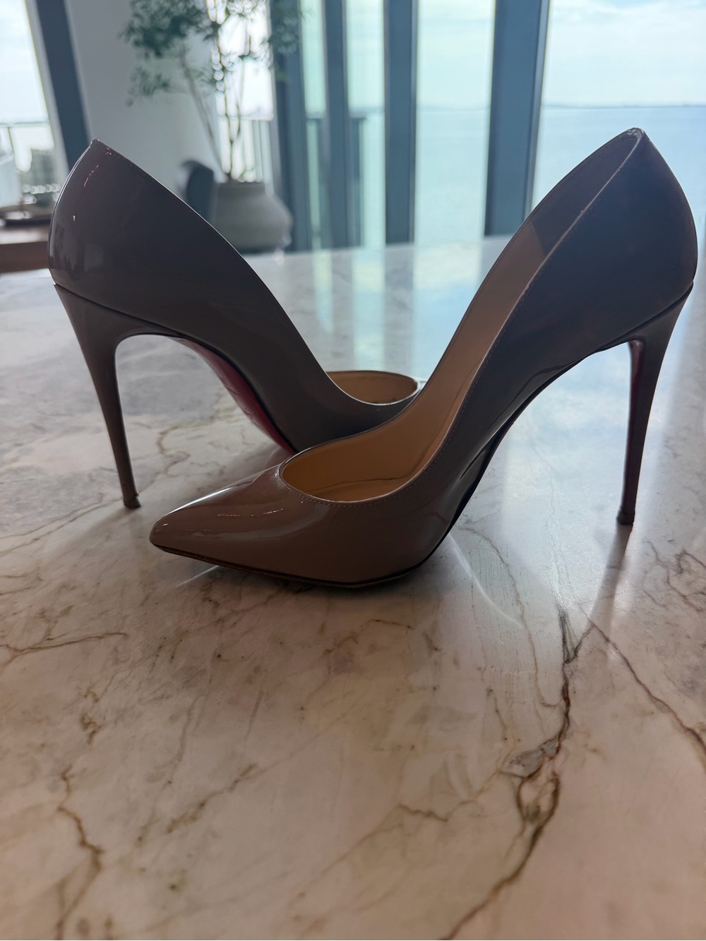 Christian Louboutin Patent Pointed-Toe Stiletto Pumps in Taupe